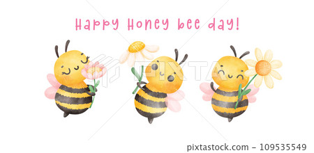 Group of cute baby honey bees with flower watercolor banner cartoon character hand painting illustration vector. Happy Honey bee day. 109535549