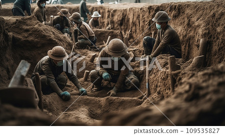 Excavation surveyor/archaeologist excavating Jomon period ruins (AI generated image) 109535827
