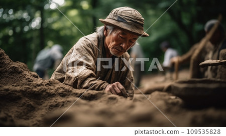 發掘測量員/考古學家挖掘繩文時代遺址（AI 生成圖像） 109535828