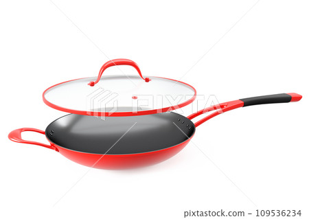 Stainless steel red frying pan with glass lid and chrome cookware on white Stainless steel red frying pan with glass lid and chrome cookware on white 109536234