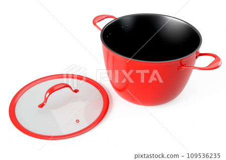 Stainless steel red cooker with lid and chrome cookware on white background Stainless steel red cooker with lid and chrome cookware on white background 109536235