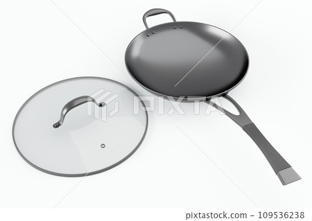 Stainless steel frying pan with glass lid and chrome cookware on white Stainless steel frying pan with glass lid and chrome cookware on white 109536238