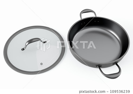 Stainless steel frying pan with glass lid and chrome cookware on white Stainless steel frying pan with glass lid and chrome cookware on white 109536239