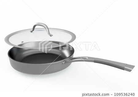 Stainless steel frying pan with glass lid and chrome cookware on white Stainless steel frying pan with glass lid and chrome cookware on white 109536240