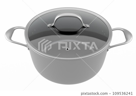 Stainless steel cooker with lid and chrome cookware on white background 109536241