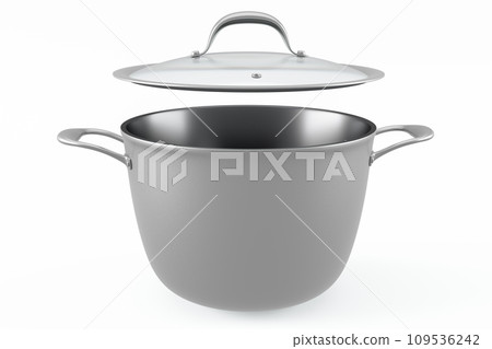 Stainless steel cooker with lid and chrome cookware on white background 109536242