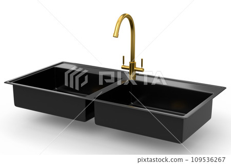 Modern kitchen sink with water tap on white background Modern kitchen sink with water tap on white background 109536267