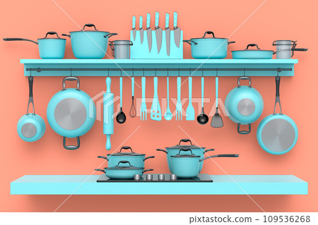 Set of kitchen utensil, stewpot, frying pan and chrome cookware hanging on shelf Set of kitchen utensil, stewpot, frying pan and chrome cookware hanging on shelf 109536268