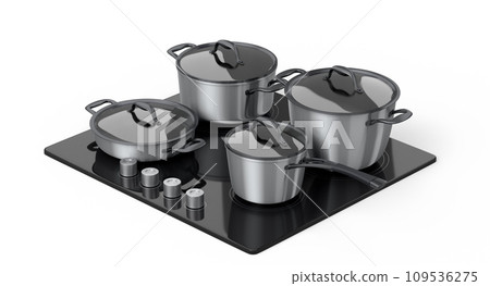 Kitchen electric stove or gas cooker with burning flames of propane gas on white 109536275