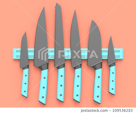 Set of chef's kitchen knives and kitchen utensil hanging on shelf 109536283