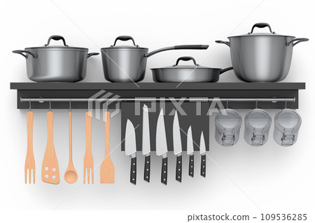 Set of kitchen utensil, stewpot, frying pan and chrome cookware hanging on shelf 109536285