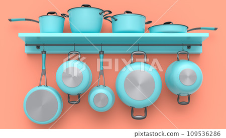 Set of stewpot, frying pan and chrome plated cookware hanging on shelf on pink Set of stewpot, frying pan and chrome plated cookware hanging on shelf on pink 109536286