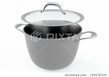 Stainless steel cooker with lid and chrome cookware on white background Stainless steel cooker with lid and chrome cookware on white background 109536326