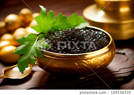 Closeup of natural black caviar in golden bowl on black background, texture of luxury fresh sturgeon caviar macro photo. 109536330