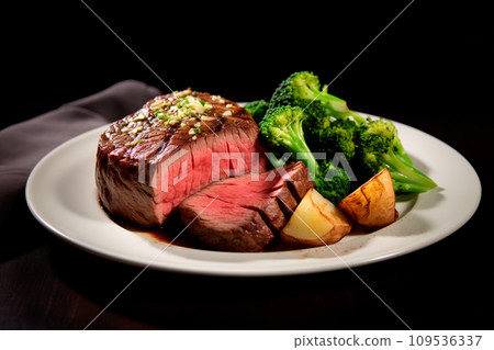 Closeup view of Medium rare roasted beef meat on plate. Slices of juicy beef steak or angus steak Closeup view of Medium rare roasted beef meat on plate. Slices of juicy beef steak or angus steak 109536337