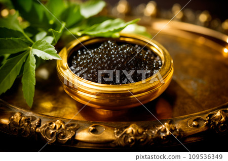 Closeup of natural black caviar in golden bowl on black background, texture of luxury fresh sturgeon caviar macro photo. Closeup of natural black caviar in golden bowl on black background, texture of luxury fresh sturgeon caviar macro photo. 109536349
