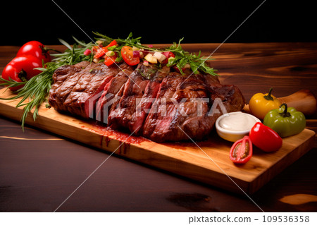 Closeup view of Medium rare roasted beef meat on plate. Slices of juicy beef steak or angus steak 109536358