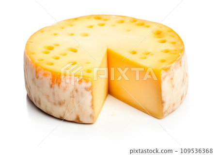A closeup of a cheese with a slice taken away with holes like maasdam, emmental or cheddar as background 109536368