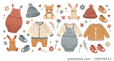 Baby toys and clothes set in hand drawn style. Bunny and teddy bear for babyshower. Clothing for infant boy or girl. Baby toys and clothes set in hand drawn style. Bunny and teddy bear for babyshower. Clothing for infant boy or girl. 109536412