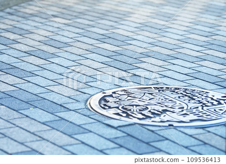 Manhole on sidewalk in Sakai City Manhole on sidewalk in Sakai City 109536413