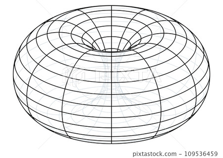 Wire-frame of a ring torus, or also donut or doughnut. Geometrical surface of revolution generated by revolving a circle in 3D space one full revolution about an axis that is coplanar with the circle. 109536459