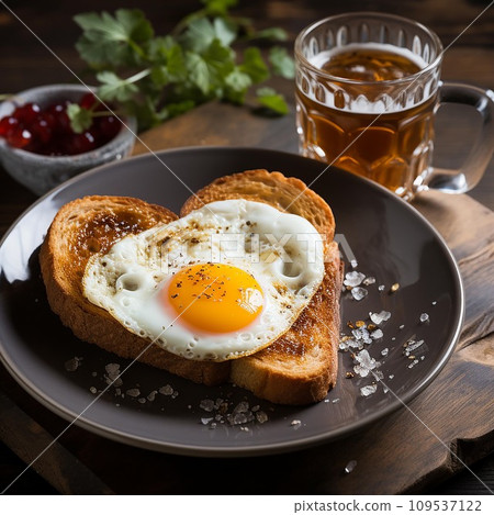 Heart shaped fried egg with toastand coffee ,Ai Generate Heart shaped fried egg with toastand coffee ,Ai Generate 109537122