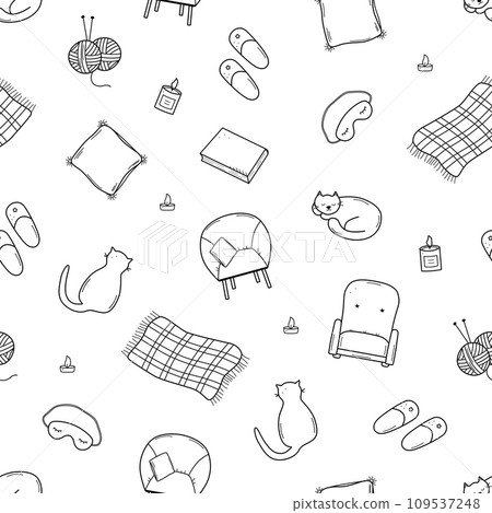 Seamless pattern cozy home elements. Vector illustration doodle cartoon icon, background wallpaper. 109537248