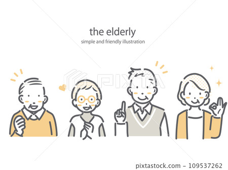 A simple and stylish line drawing illustration of a senior generation with a lively expression 109537262