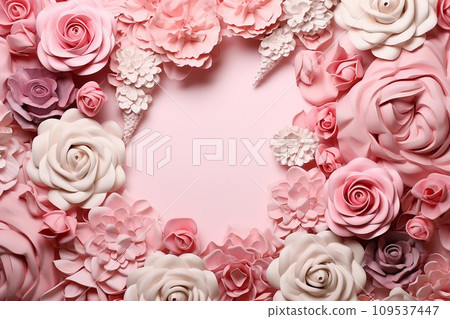 Top view photo of pink peony roses and sprinkles on isolated pastel pink background with empty space ,AI Generate Top view photo of pink peony roses and sprinkles on isolated pastel pink background with empty space ,AI Generate 109537447