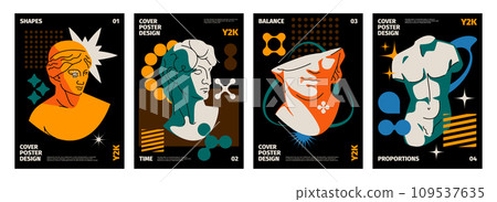 Y2k cover. Abstract modern typography banners with geometric shapes and cosmic elements. Vector 90s retro print design layout 109537635