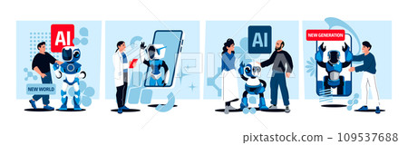 Cartoon ai concept. Artificial intelligence chatbot web application, machine learning software, dialog system, bot for website or application. Vector isolated set 109537688