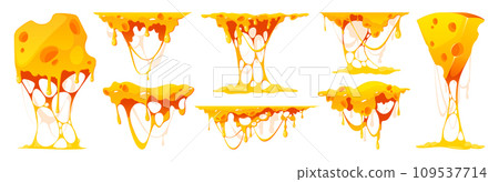 Melted cheese. Cartoon melting cheddar and mozzarella, fondue and sauce, gourmet food product stretching and flowing. Vector vegetarian food set Melted cheese. Cartoon melting cheddar and mozzarella, fondue and sauce, gourmet food product stretching and flowing. Vector vegetarian food set 109537714