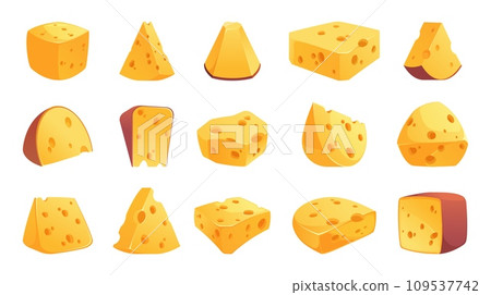 Cheese pieces. Cartoon cheddar blocks, organic parmesan cubes and triangles, dairy eco farm product cutoff pieces. Vector isolated set 109537742