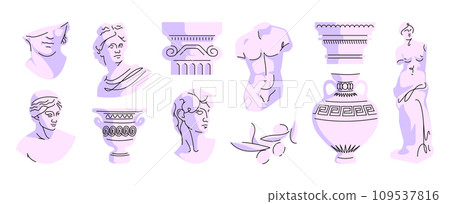 Ancient greek line elements. Doodle ancient roman line stickers, statues and sculptures with vases and antique architectural decorative elements. Vector isolated collection 109537816