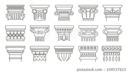 Ancient architectural details. Ancient relief sculpture and classical architecture style, antique mediterranean building facade decoration. Vector isolated set Ancient architectural details. Ancient relief sculpture and classical architecture style, antique mediterranean building facade decoration. Vector isolated set 109537823