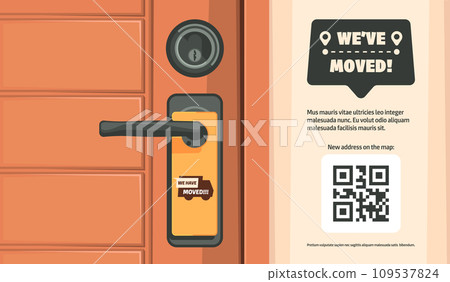 We have moved door sign. Relocation announcement label with pointing to the direction of new address, flat moving info banner. Vector illustration 109537824