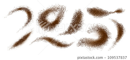 Coffee scatters. Black powder cocoa beans, sugar cacao chocolate grains, splash coffee explosion effect. Vector isolated set Coffee scatters. Black powder cocoa beans, sugar cacao chocolate grains, splash coffee explosion effect. Vector isolated set 109537837