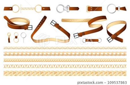 Fashion belts and chains. Abstract decorative fashion accessories, trendy fashion chain and buckle accessories for male and female. Vector set 109537863