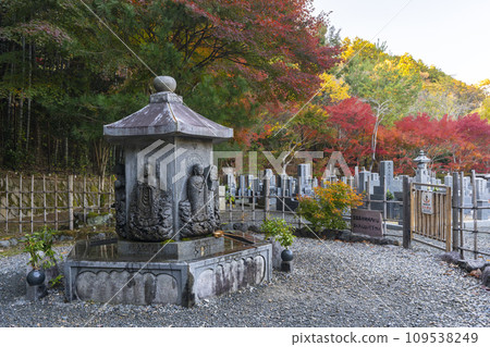 Kyoto in autumn, Adashino Nenbutsuji Temple, six-faced Jizo statue and autumn leaves 109538249