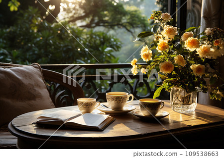 Quiet coffee corner adorned with flowers and a book 109538663