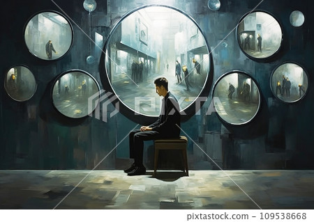 Person in a moment of self-reflection, surrounded by reflective surfaces, mirrors, water 109538668