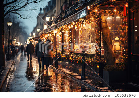 Winter cityscape snow covered streets of Paris lined with historical buildings adorned with festive lights and decorations 109538676