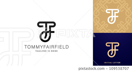 vector illustration TF or JF monogram letter corporate identity for business card, branding ads campaigns, letterpress, embroidery, covering invitations, envelope signs, golden foil, collages printing 109538707