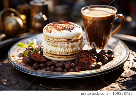 The delightful combination of coffee and a sweet treat, dessert with a steaming cup of coffee The delightful combination of coffee and a sweet treat, dessert with a steaming cup of coffee 109538723