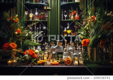 Christmas cocktail bar, gourmet holiday drinks, adorned with fresh herbs, edible flowers 109538741