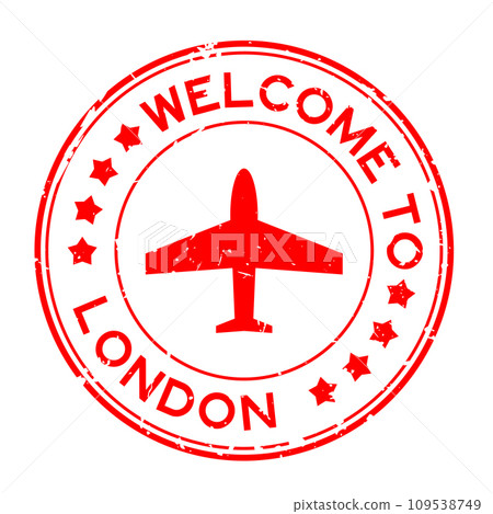 Grunge red welcome to london with airplane icon round rubber seal stamp on white background Grunge red welcome to london with airplane icon round rubber seal stamp on white background 109538749
