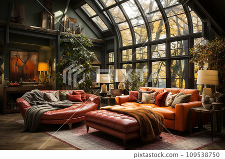 Living room exuding vintage coziness, retro-inspired furniture and nostalgic decor. Color tones and patterns reminiscent of the 60s and 70s 109538750