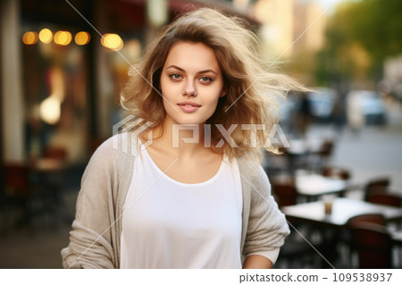 Woman Standing in Front of Restaurant. Generative AI Woman Standing in Front of Restaurant. Generative AI 109538937