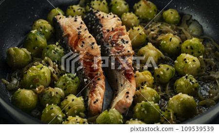 Stewed salmon with Brussels sprouts Stewed salmon with Brussels sprouts 109539539