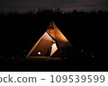 A one-pole tent heated by an oil stove in the winter 109539599